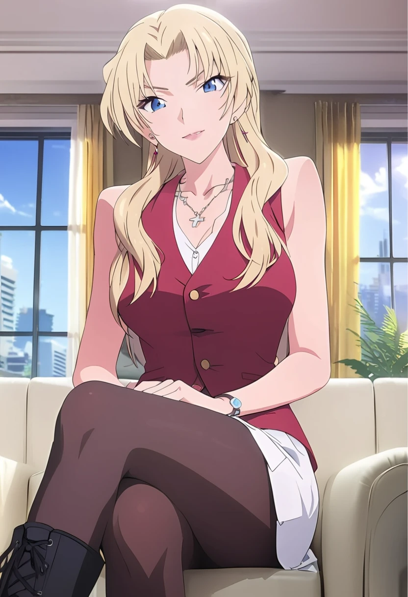 (masterpiece, best quality:1.2), ((Extremely detailed)), high resolution, Anime style , photo, photography, Detailed background,1. Beautiful woman Lei Dianming, (Pantyhose), boots,Cowboy shooting, Looking at the audience,A faint smile, earrings, skirt, Necklace, Vest, Cross your legs, From below, On the sofa, Windows, living room,Anime style,blond