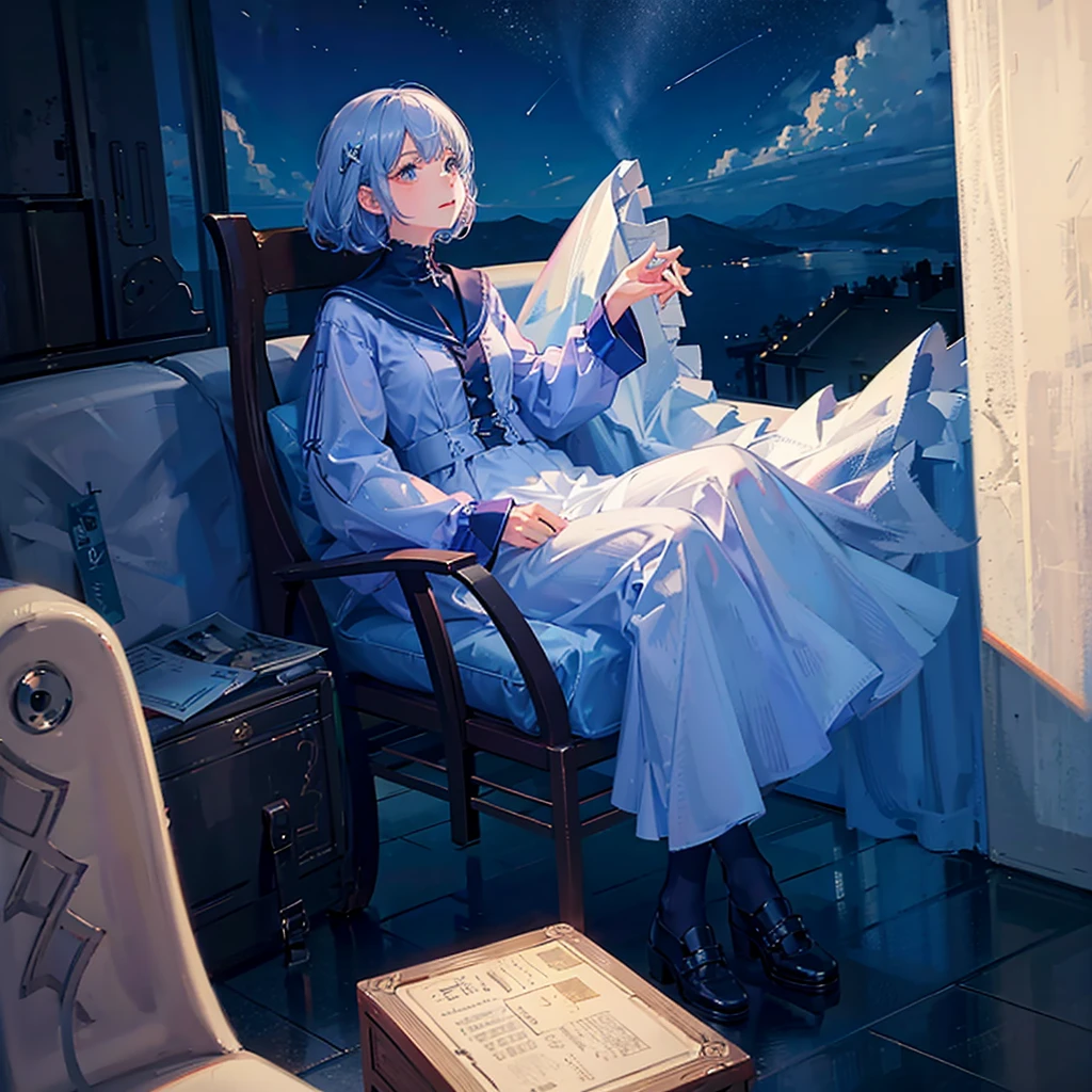Girl sitting in a balcony looking up, Stars, On Space, Above Clouds, Above Atmosphere