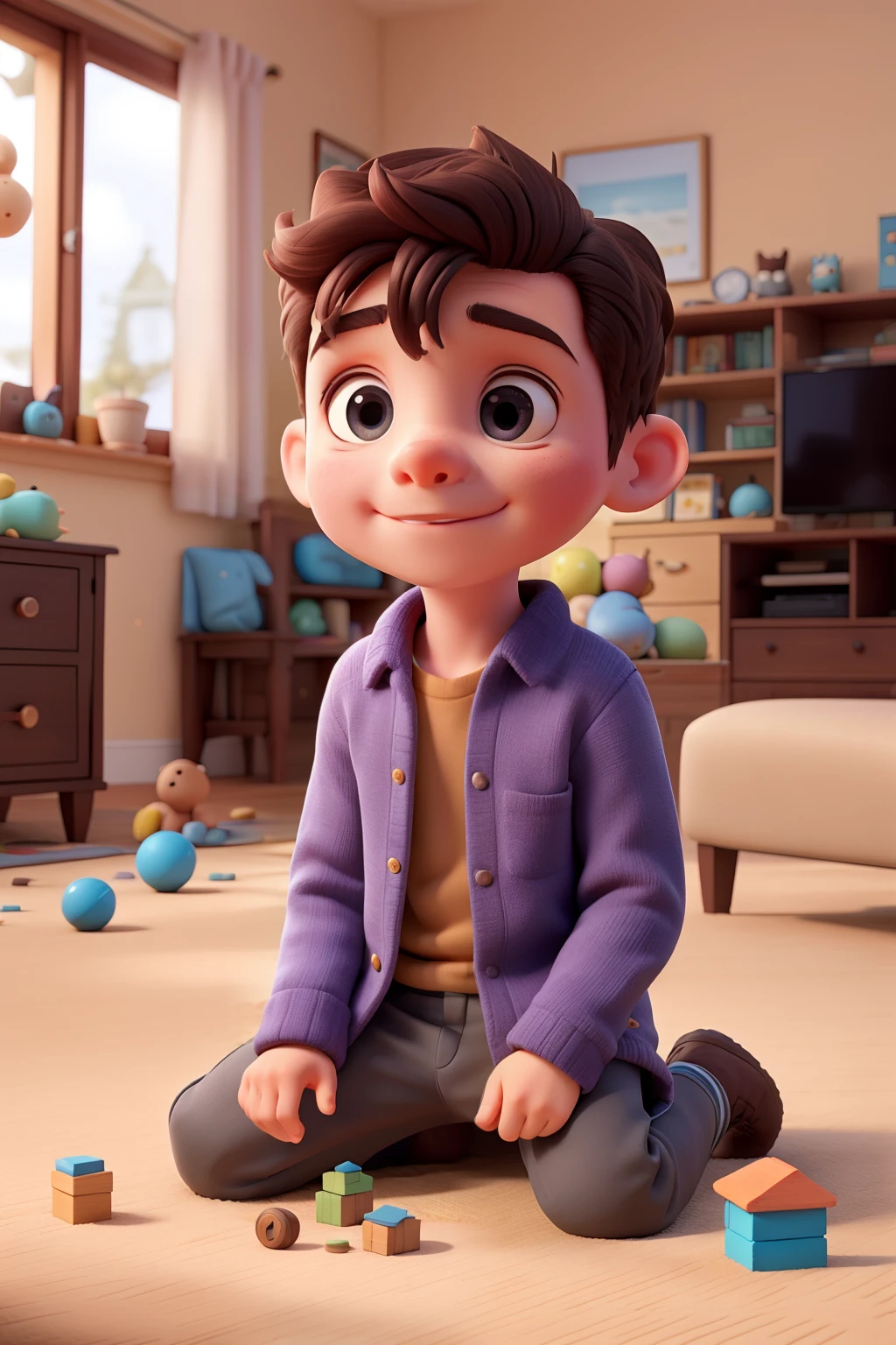 A young boy, Tim, is sitting on the floor with colorful building blocks scattered around him. He is focused and carefully stacking the blocks to build a tall tower. The background is a cozy living room with a soft carpet and toys around.