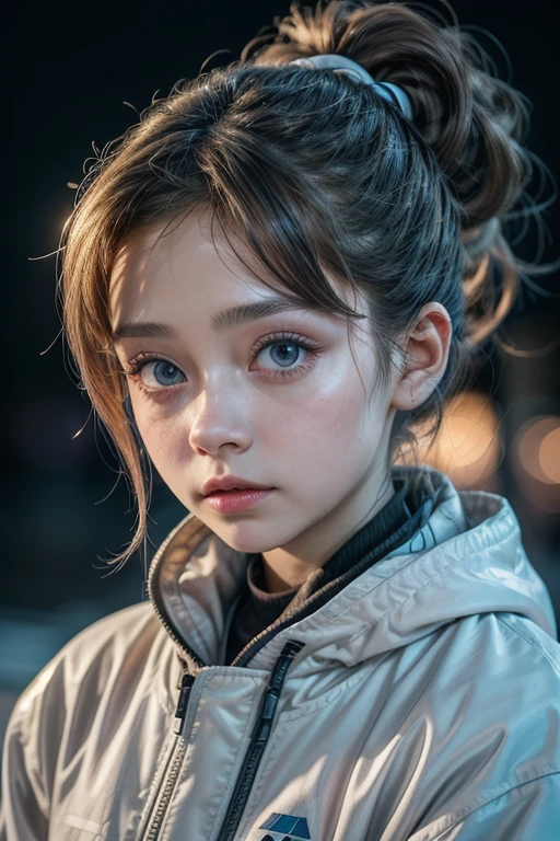 Masterpiece, The best image quality, extreme liveliness, Karol Sevilla with curly ponytail, small figure, white functional coat, little, blue-violet gradient ski goggles, cyberpunk, gray hair, Natural casual style, dynamic posture, golden section, Portrait with wide aperture, cool tones, Strong visual impact, blank space, contrast of lights and shadows, SUPER TEXTURE, sunset glow, Super clear image, simple image