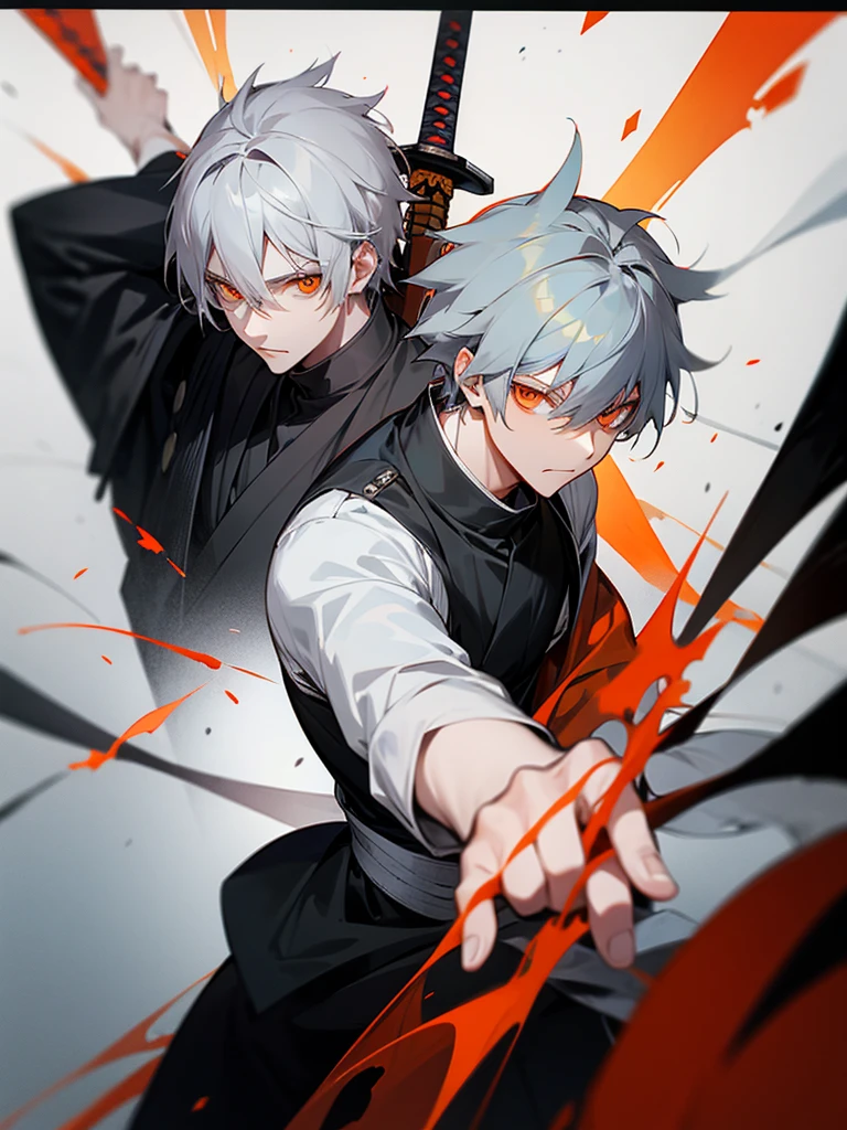 Male character gray hair and orange eyes and black clothes and swords
