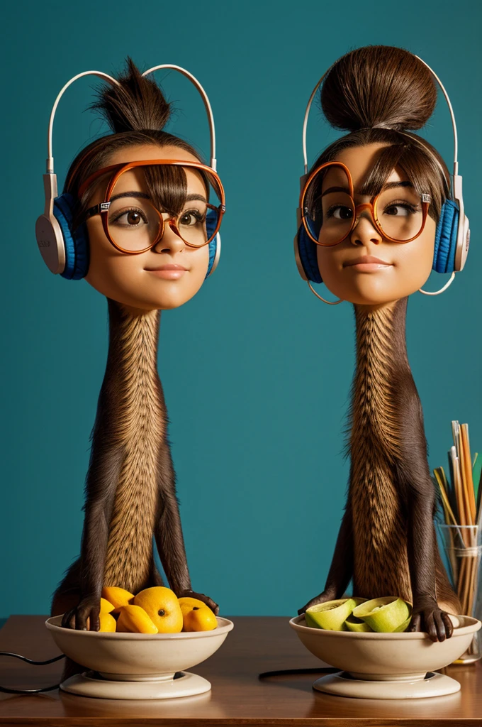2 mongooses with headphones, one of them is tall , thin and has glasses, and another is shorter, fat and with a bowl down hairstyle, with a text that says "Radio Mangosta" in Spanish