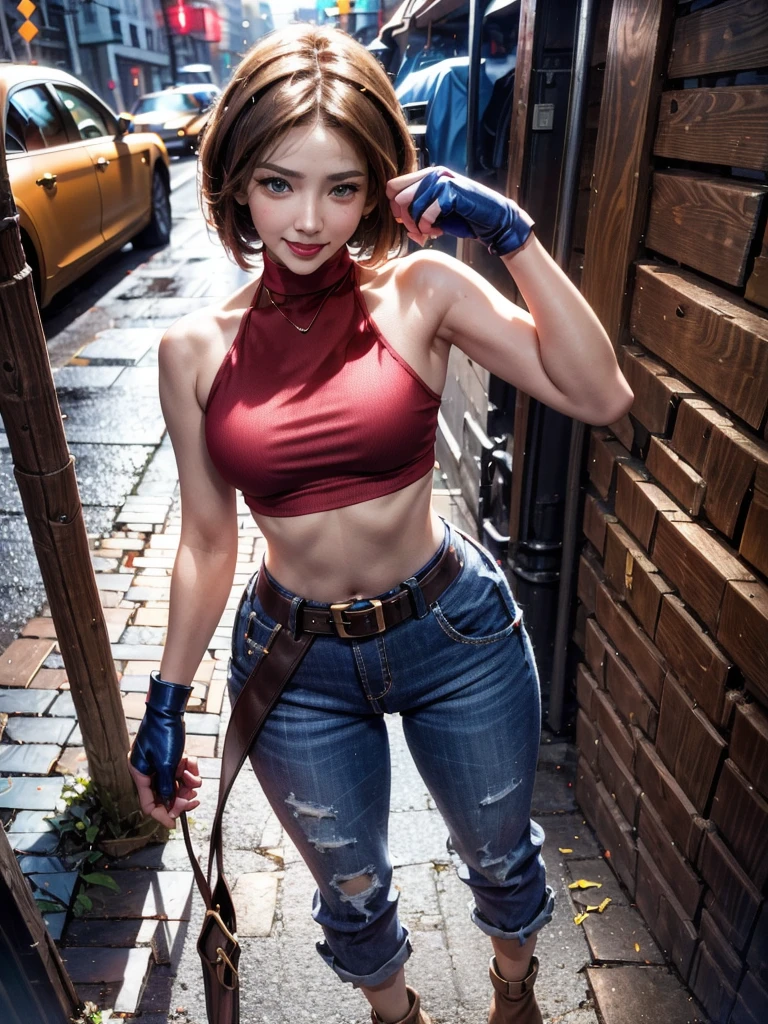 30 year old woman, alone, athletic, by the semi-cut ruby, she is wearing a tight red crop top, he wears blue jogger pants, has two belts, one small and the other a large belt hanging from his brown waist., wears blue fingerless gloves , he wears brown boots, smile at the viewer, points at the viewer, There is a little brown dog with white spots with her, high resolution, absurd, intricate, sharp focus, a New York alley in the background, Best Quality, Masterpiece, high resolution, Perfect picture, Very detailed, High contrast, Digital colors, simple, medium shot, cinematographic, ultra sharp focus, award-winning photography, perFect contrast, high sharpness, depth of field, ultra detailed photography, global illumination, fluid, ultra high definition, 8k, unreal engine 5, ultra-sharp focus, award-winning photography, Art Season Trends,