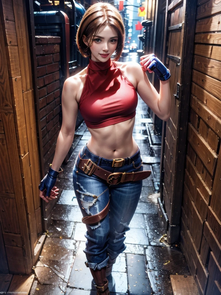 30 year old woman, alone, athletic, by the semi-cut ruby, she is wearing a tight red crop top, he wears blue jogger pants, has two belts, one small and the other a large belt hanging from his brown waist., wears blue fingerless gloves , he wears brown boots, smile at the viewer, points at the viewer, There is a little brown dog with white spots with her, high resolution, absurd, intricate, sharp focus, a New York alley in the background, Best Quality, Masterpiece, high resolution, Perfect picture, Very detailed, High contrast, Digital colors, simple, medium shot, cinematographic, ultra sharp focus, award-winning photography, perFect contrast, high sharpness, depth of field, ultra detailed photography, global illumination, fluid, ultra high definition, 8k, unreal engine 5, ultra-sharp focus, award-winning photography, Art Season Trends,