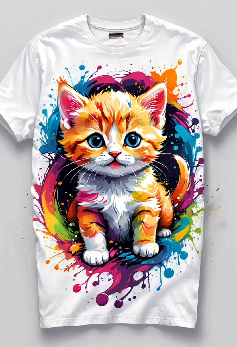 A t-shirt with vector art of a colorful illustration of two little kittens , At the center, swirly vibrant colors, paint splashes and smears, high détail,White background
(artwork, best quality, proffesional, perfect composition, very aesthetic, absurdrez, super verbose, Intricate details:1.3)