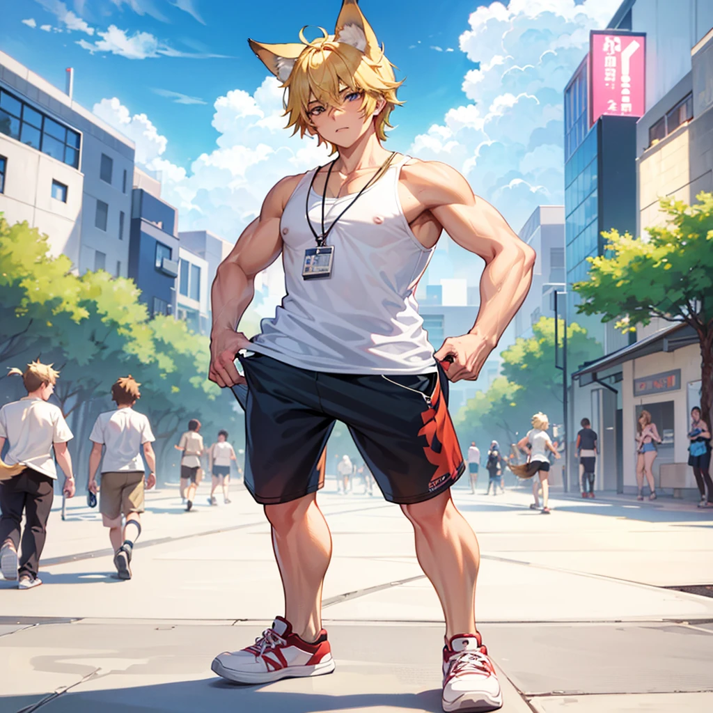16 year old man with blonde hair tail and wolf ears walking with shorts and no shirt
