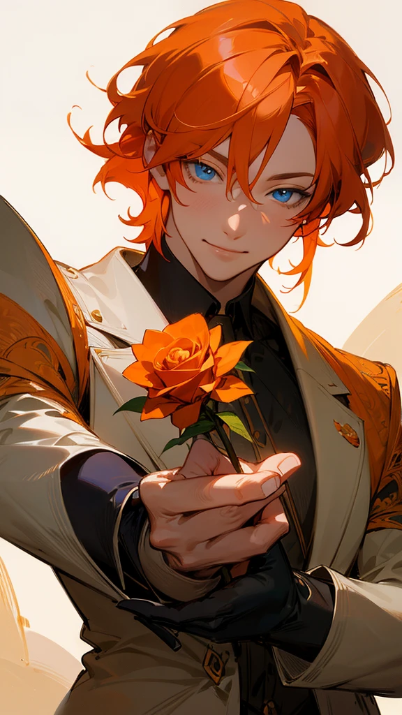 a smiling anime man with orange hair and blue eyes, holding a rose, detailed face, elegant, beautiful, intricate, detailed, cinematic lighting, vibrant colors, 8k, high resolution, photorealistic, masterpiece, concept art