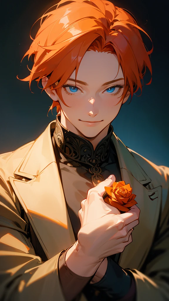 a smiling anime man with orange hair and blue eyes, holding a rose, detailed face, elegant, beautiful, intricate, detailed, cinematic lighting, vibrant colors, 8k, high resolution, photorealistic, masterpiece, concept art
