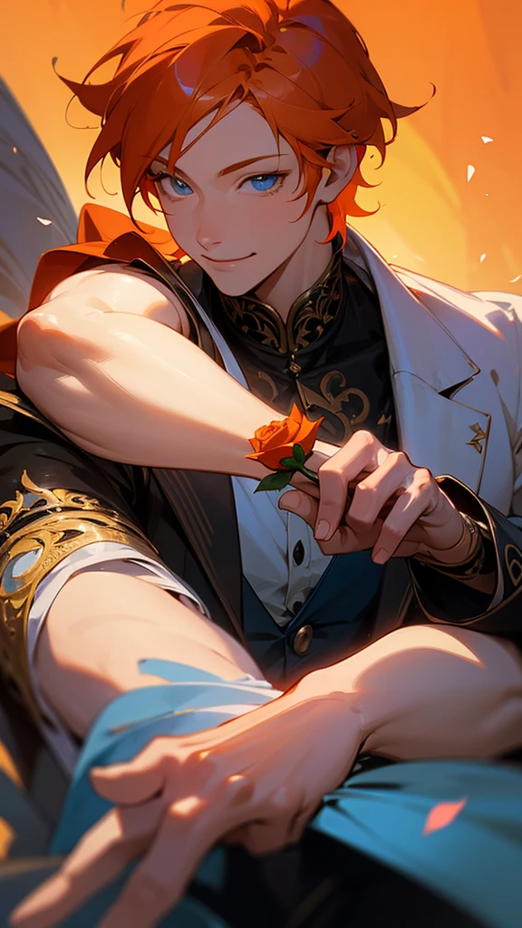 a smiling anime man with orange hair and blue eyes, holding a rose, detailed face, elegant, beautiful, intricate, detailed, cinematic lighting, vibrant colors, 8k, high resolution, photorealistic, masterpiece, concept art