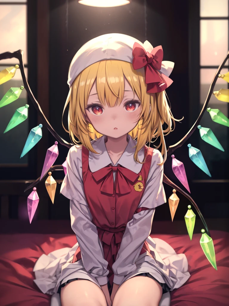 Oriental Project, Flandre Scarlet sitting on the bed in her JK uniform, Clasp your hands around your waist, Bright yellow hair, Warm lighting, Blurred foreground, cute, change, anime, 4K, Devil with wings, Shower cap, masterpiece, Upper Body