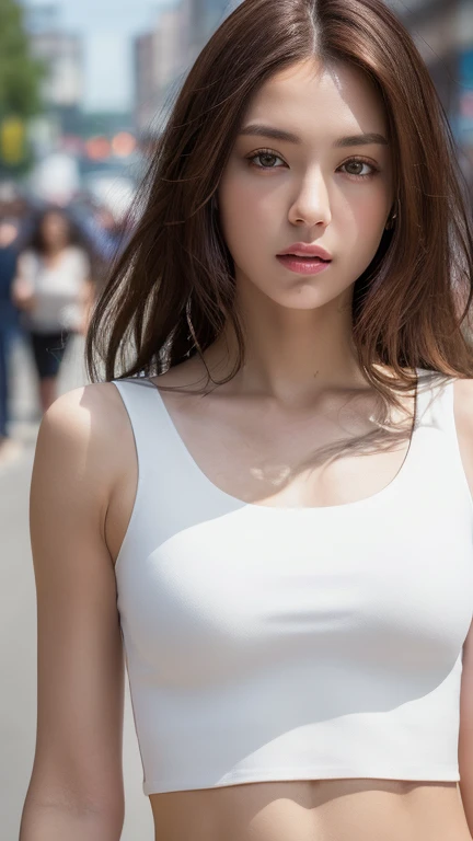 ((Realistic lighting, Highest quality, 8K, masterpiece: 1.3)), Clear focus: 1.2, One girl, Perfect figure: 1.4, Slim Abs: 1.1, ((Dark brown hair)), (White Crop Top: 1.4), (Outdoor, night: 1.1), street, Super detailed face, Beautiful Eyes, double eyelid,