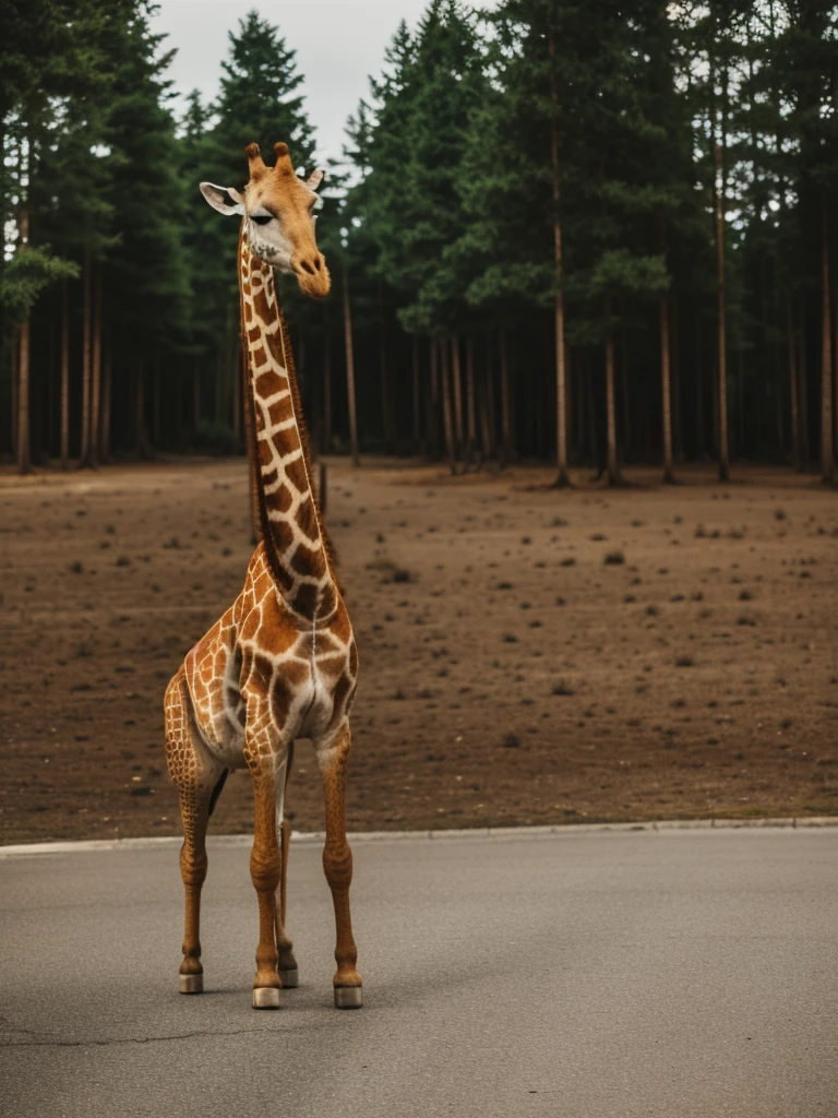 A giraffe standing on a parking lot