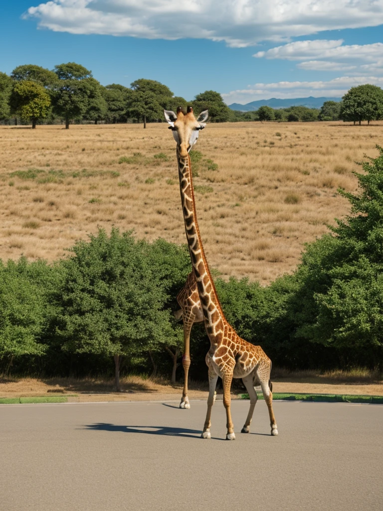A giraffe standing on a parking lot