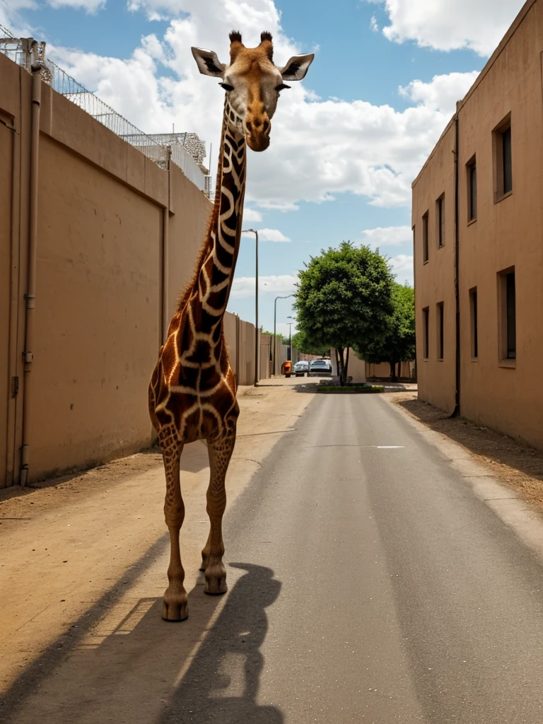 A giraffe standing on a parking lot