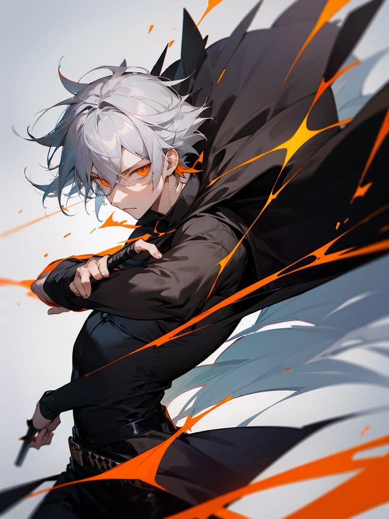 Male character gray hair and orange eyes and black clothes and swords 