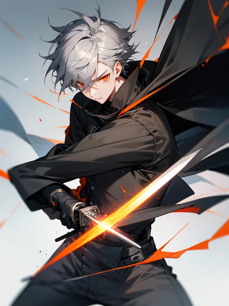 Male character gray hair and orange eyes and black clothes and swords 