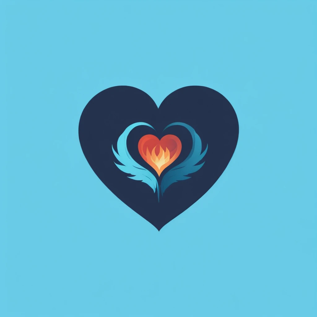 A logo with a beautiful heart of fire, minimalist, Dark blue, light blue and turquoise.
