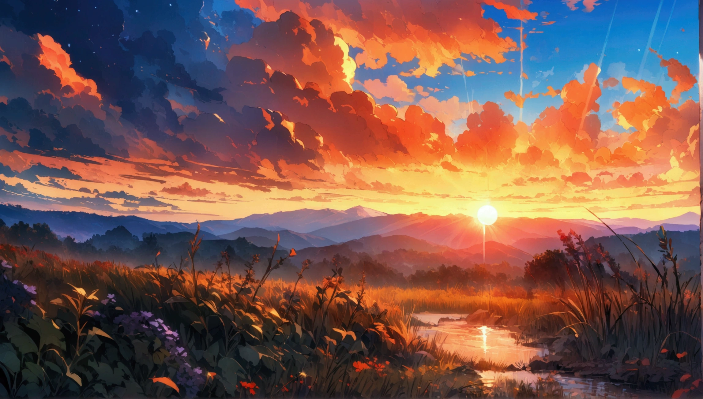 (Highest quality),(masterpiece),(Super detailed),(High detail),(Very detailed) Anime scenery, (Super detailed) A surreal scenario,The sun sets in the distance, turning away from the camera,Spectacular Background,Emphasize the overall emotional feeling ,Best image quality,Intricate details,8k high quality wallpaper。Follow aesthetic principles。Optimal Configuration。