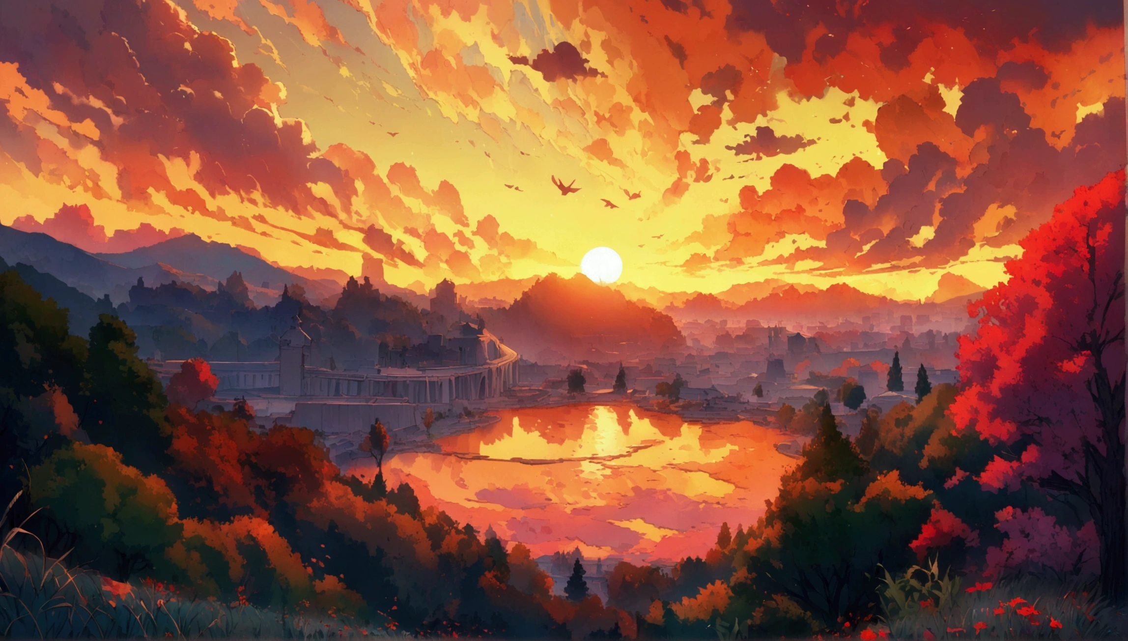 (Highest quality),(masterpiece),(Super detailed),(High detail),(Very detailed) Anime scenery, (Super detailed) A surreal scenario,The sun sets in the distance, turning away from the camera，Spectacular Background，Emphasize the overall emotional feeling ，Best image quality，Intricate details，8k high quality wallpaper。Follow aesthetic principles。Optimal Configuration。