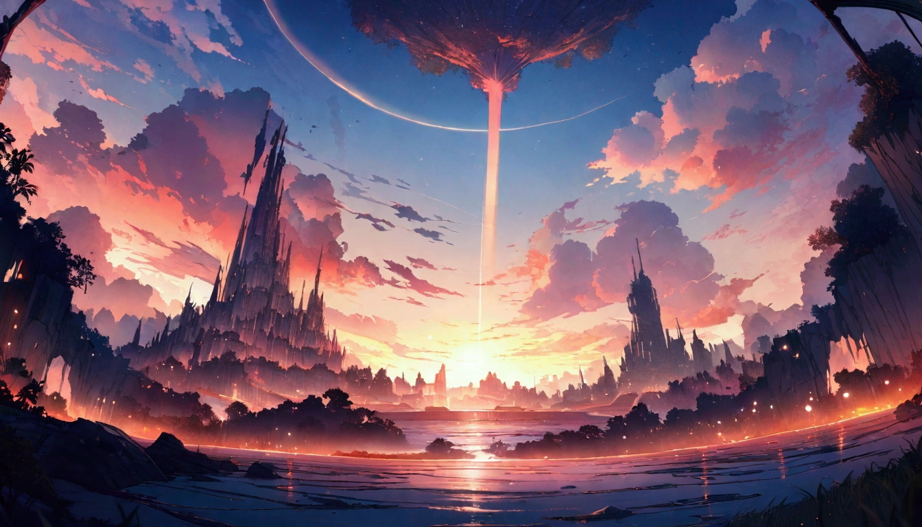 (Highest quality),(masterpiece),(Super detailed),(High detail),(Very detailed) Anime scenery, (Super detailed) A surreal scenario,The sun sets in the distance, turning away from the camera，Spectacular Background，Emphasize the overall emotional feeling ，Best image quality，Intricate details，8k high quality wallpaper。Follow aesthetic principles。Optimal Configuration。