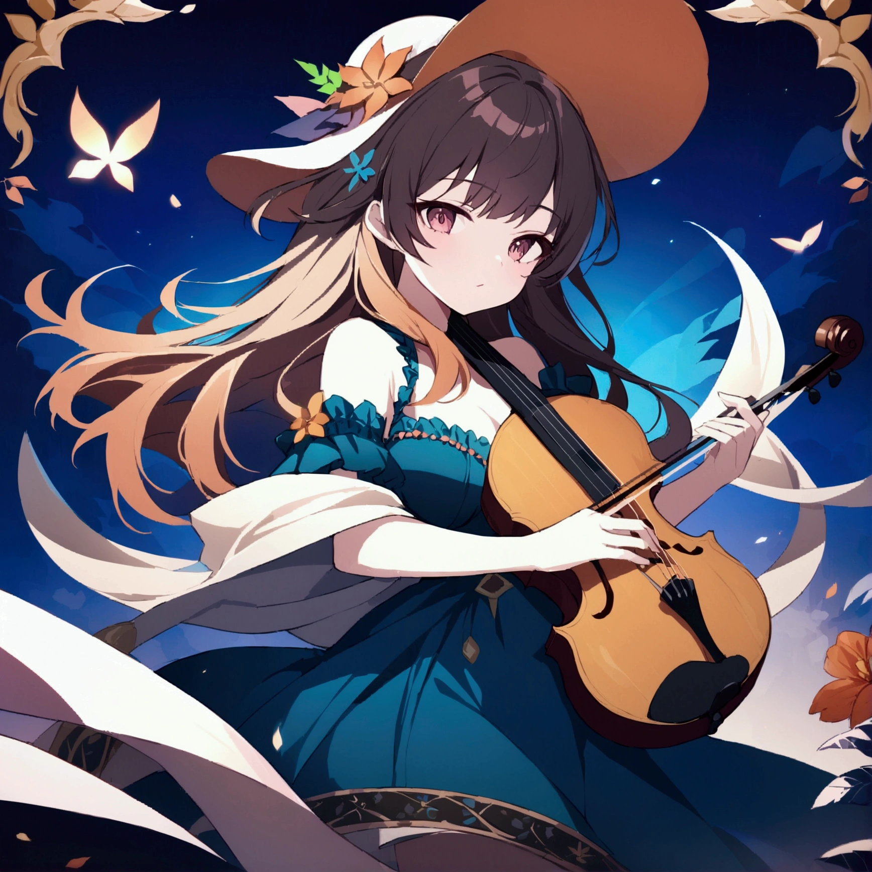 holding a violin, wearing big flower hat