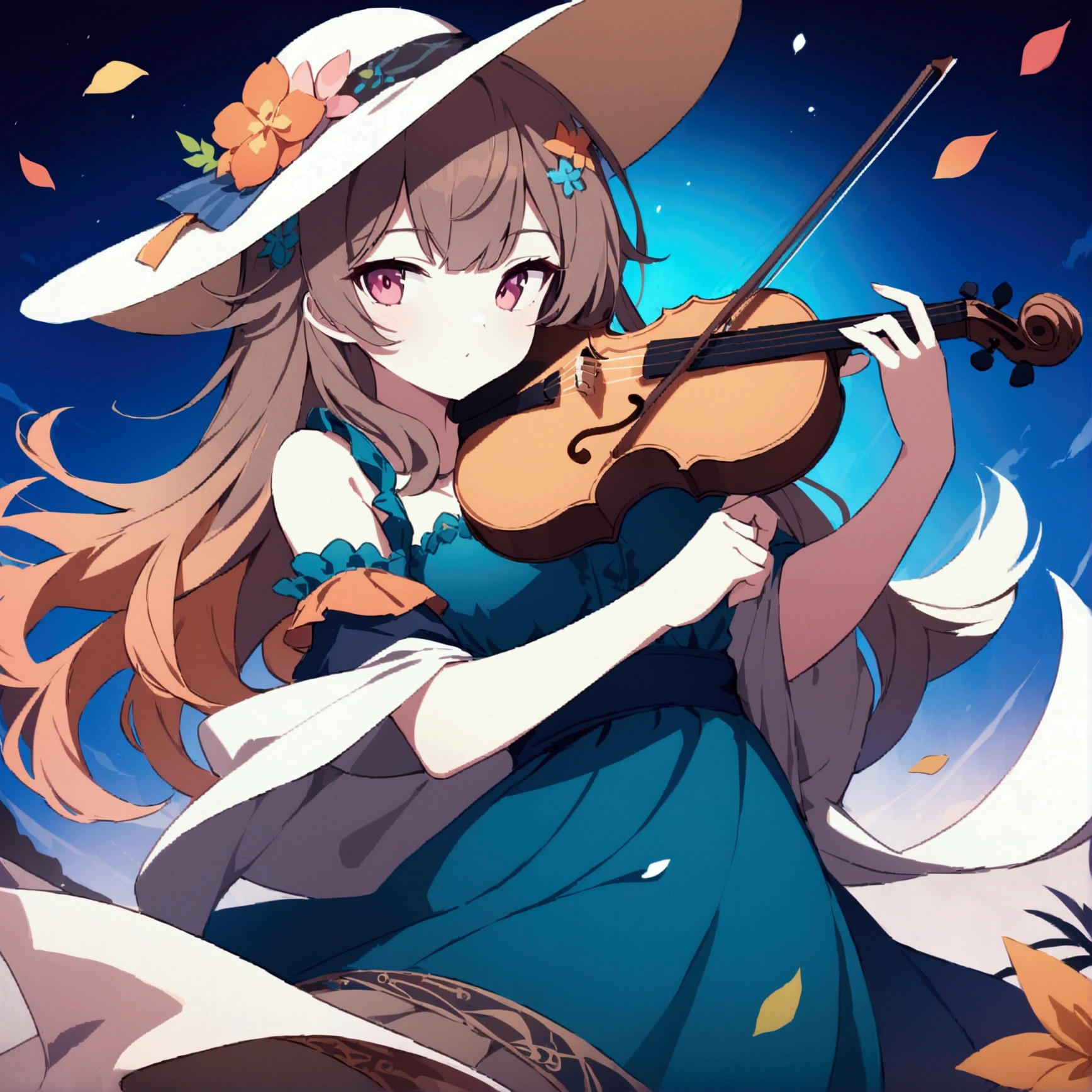 holding a violin, wearing big flower hat