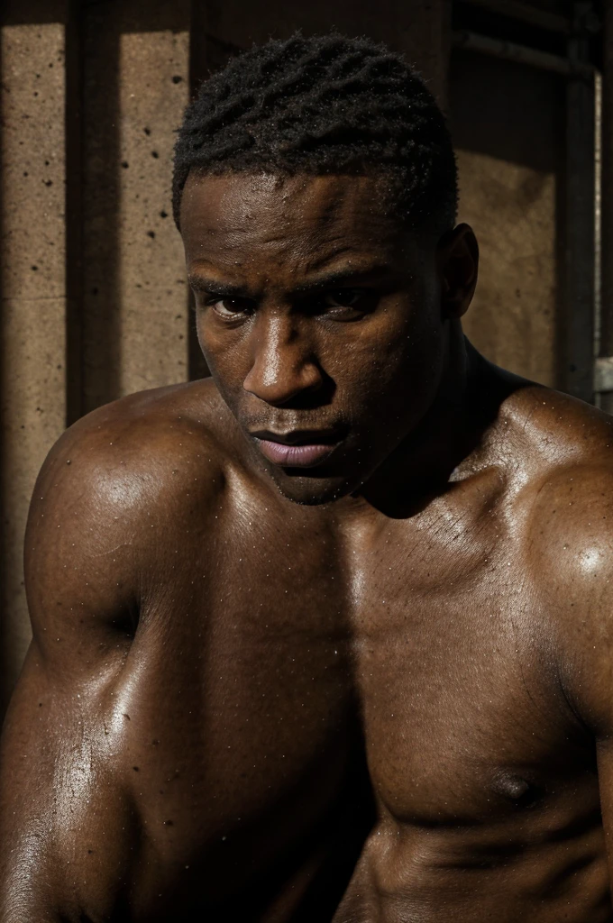 a muscular young black boy, highly detailed nude portrait, thick erect penis, perfect muscular body, detailed genitals, hyper realistic, photorealistic, 8k, extreme detail, dramatic lighting, cinematic composition, chiaroscuro, dramatic shadows, moody lighting, dark and gritty, grungy, industrial background