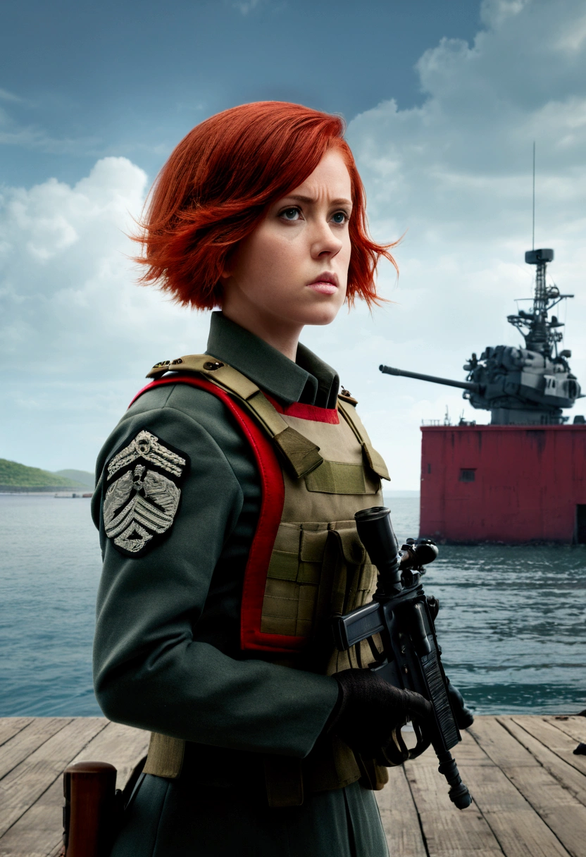 Absurd resolution, high resolution, (masterpiece: 1.4), hyper-detail, weapons testing site at an empty dock by the sea, 1 young woman, short red hair, soldier costume, very serious expression