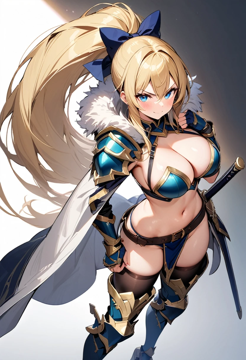 masterpiece, best quality, 1girl, breasts, solo, blonde-hair, blue-eyes, pelvic-curtain, navel, armor, large-breasts, ponytail, cape, cleavage, gloves, weapon, looking-at-viewer, smile, boots, fingerless-gloves, full-body, very-long-hair, standing, revealing-clothes, bikini-armor, black-gloves, fur-trim, simple-background, thighhighs, stomach, hand-on-hip, gauntlets, shoulder-armor, hair-bow, closed-mouth, bow, high-heels, midriff, armored-boots, hand-up, thigh-boots, thighs, ribbon, hair-between-eyes, v-shaped-eyebrows, blush, hair-ribbon, sheath
