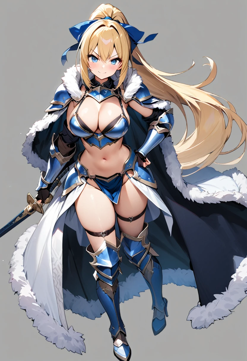 masterpiece, best quality, 1girl, breasts, solo, blonde-hair, blue-eyes, pelvic-curtain, navel, armor, large-breasts, ponytail, cape, cleavage, gloves, weapon, looking-at-viewer, smile, boots, fingerless-gloves, full-body, very-long-hair, standing, revealing-clothes, bikini-armor, black-gloves, fur-trim, simple-background, thighhighs, stomach, hand-on-hip, gauntlets, shoulder-armor, hair-bow, closed-mouth, bow, high-heels, midriff, armored-boots, hand-up, thigh-boots, thighs, ribbon, hair-between-eyes, v-shaped-eyebrows, blush, hair-ribbon, sheath