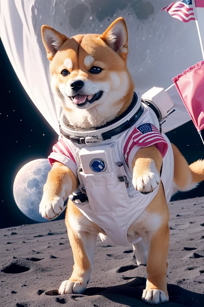 Smiling shiba Inu dog with pink bow on her head, dressed in astronaut clothes, holding a flag on the moon