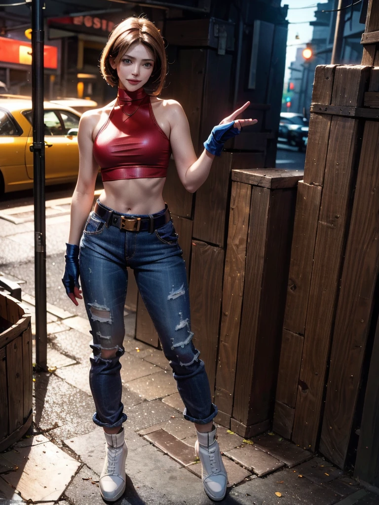 30 year old woman, alone, athletic, by the semi-cut ruby, she is wearing a tight red crop top, he wears blue jogger pants, has two belts, one small and the other a large belt hanging from his brown waist., wears blue fingerless gloves , he wears brown boots, smile at the viewer, points at the viewer, There is a little brown dog with white spots with her, high resolution, absurd, intricate, sharp focus, a New York alley in the background, Best Quality, Masterpiece, high resolution, Perfect picture, Very detailed, High contrast, Digital colors, simple, medium shot, cinematographic, ultra sharp focus, award-winning photography, perFect contrast, high sharpness, depth of field, ultra detailed photography, global illumination, fluid, ultra high definition, 8k, unreal engine 5, ultra-sharp focus, award-winning photography, Art Season Trends,