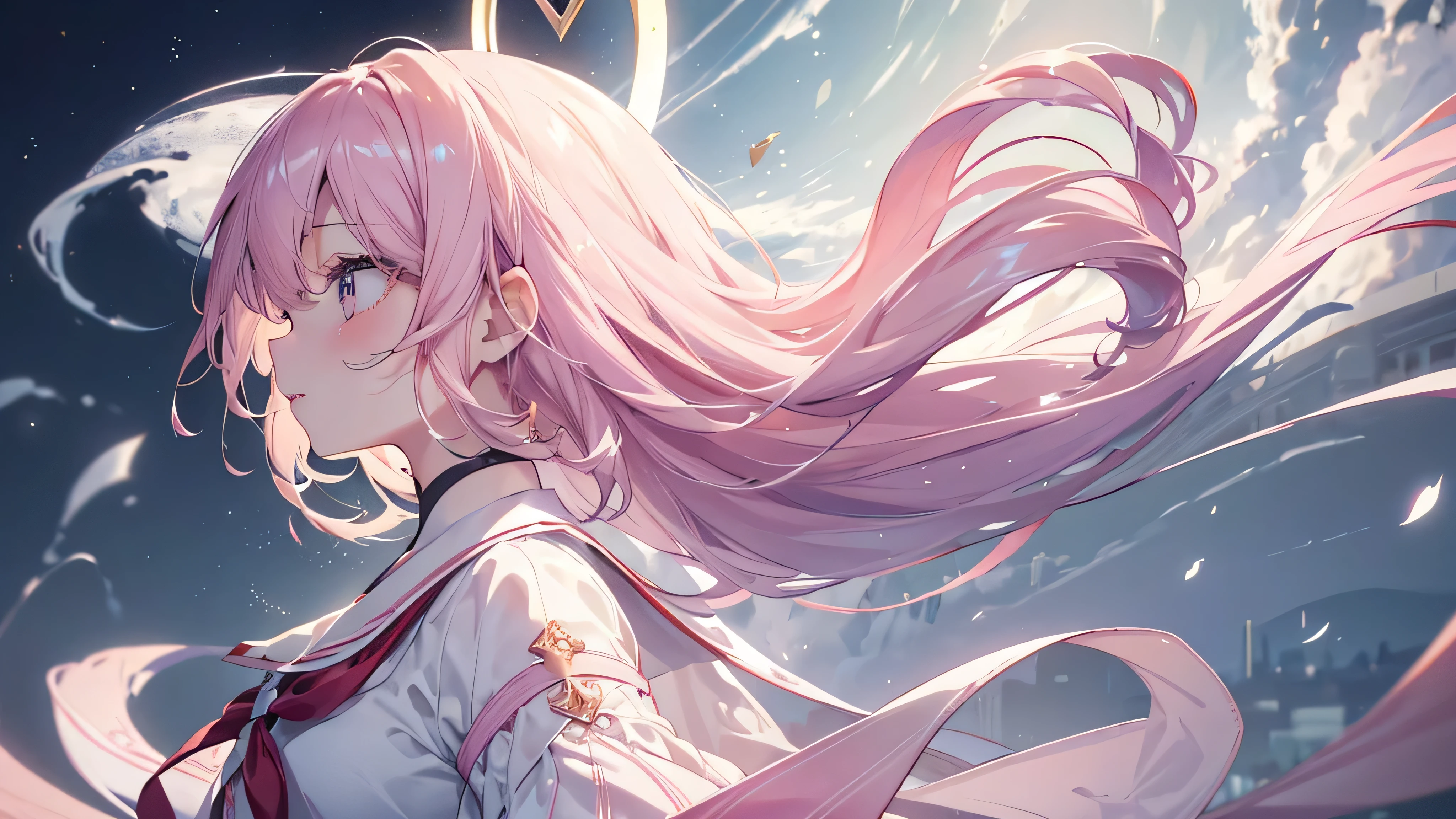 (Asahi), ((Beautiful eyes)), (((profile,Looking up))), (((Highest quality、masterpiece、Ultra-fine、Ultra-fine、Exquisite、16K、Full HD,high school girl))) 、Long eyelashes、White skin、(thin and long)、 ((cute)) ((One person)),Zoom out,(A magnificent composition、epic proportion)、(Pale pink lips、Pale pink cheeks、thin and long)、Dynamic lighting,
