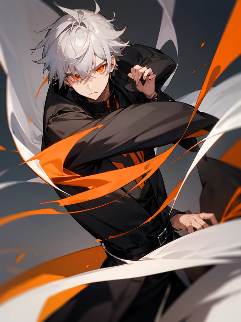 Male character with gray hair and orange eyes and black clothes 