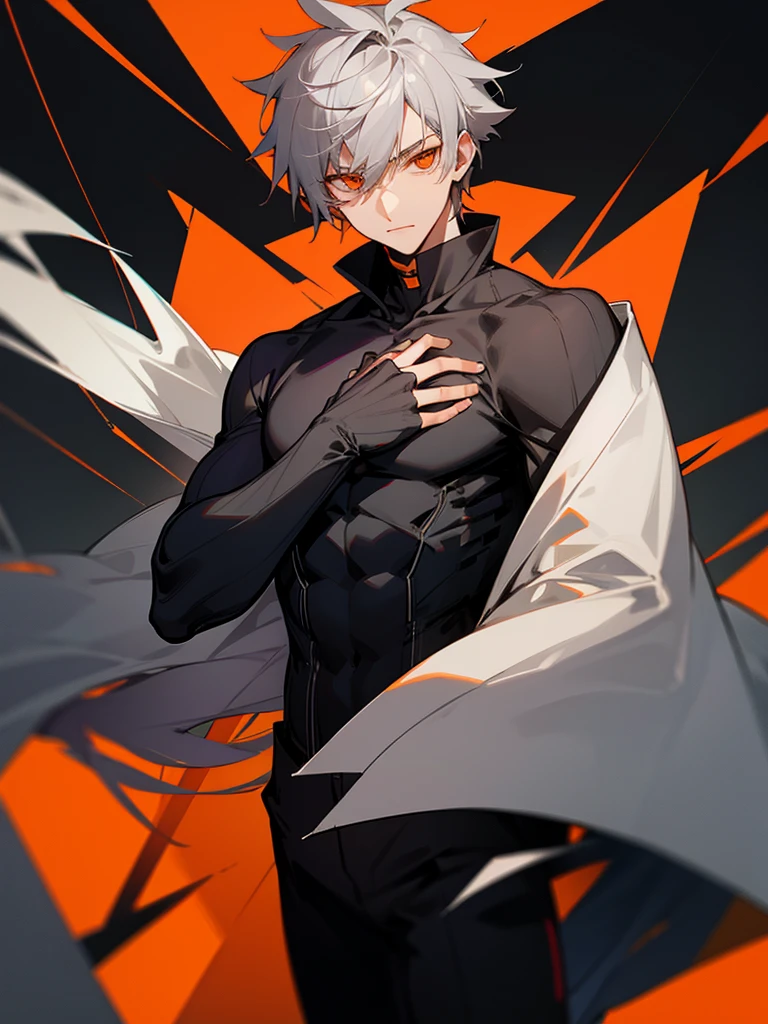 Male character with gray hair and orange eyes and black clothes