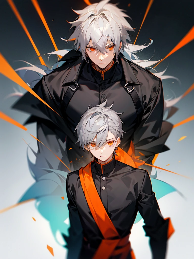 Male character with gray hair and orange eyes and black clothes