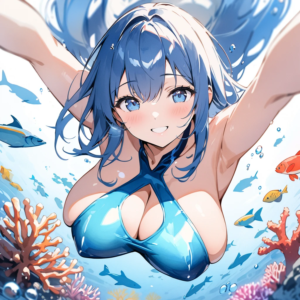 Top quality, masterpiece, watercolor style, woman, blue hair, blue eyes, big breasts, glowing ocean floor, mysterious transparent leotard swimsuit, bubbles, school of fish, coral, best smile, arms stretched towards the ground
