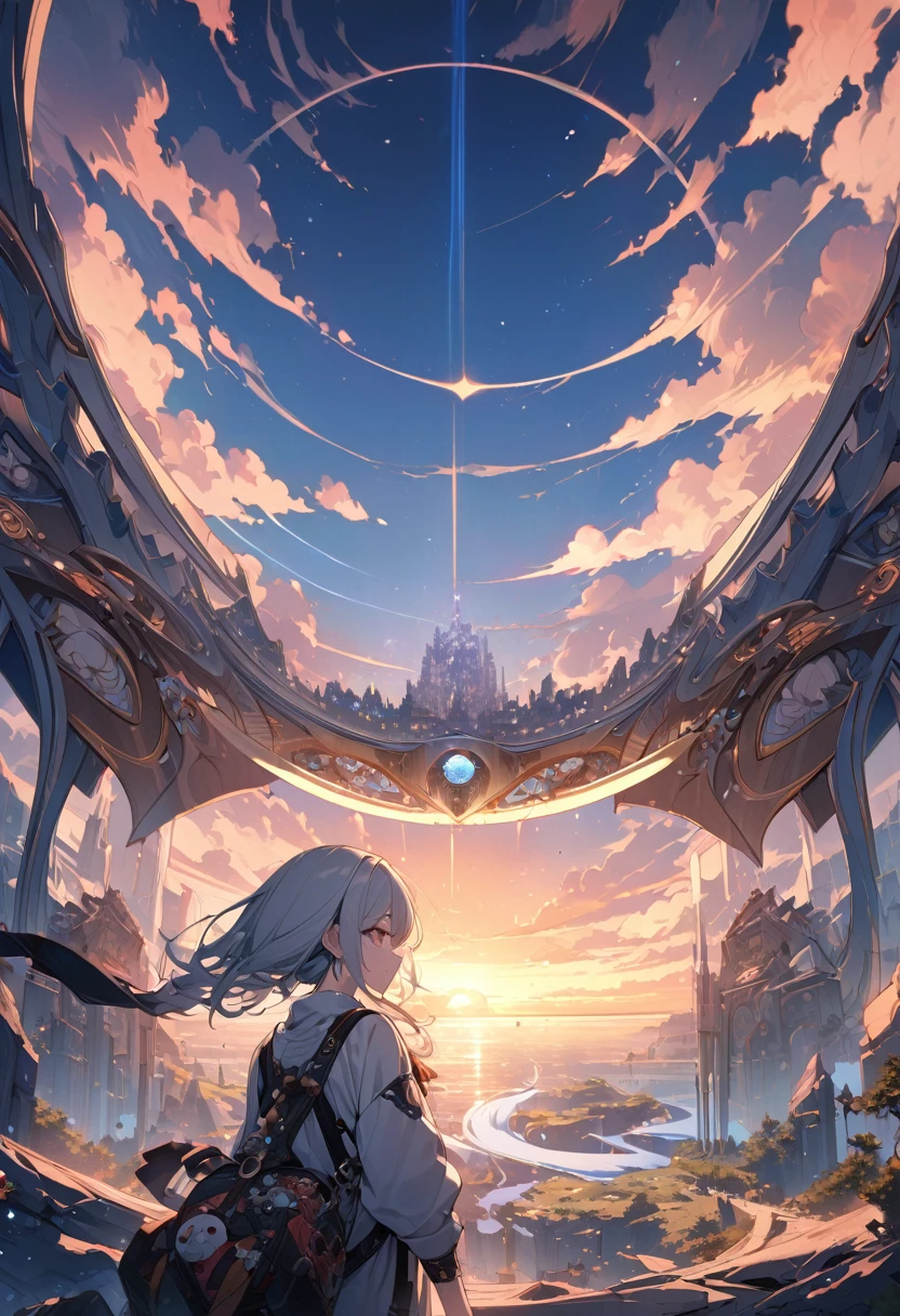 (Highest quality),(masterpiece),(Super detailed),(High detail),(Very detailed) Anime scenery, (Super detailed) A surreal scenario,The sun sets in the distance, turning away from the camera,Spectacular Background,Emphasize the overall emotional feeling ,Best image quality,Intricate details,8k high quality wallpaper。Follow aesthetic principles。Optimal Configuration。