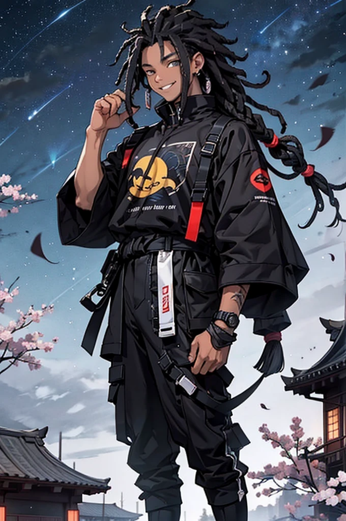 Young black male with black hair, dreadlocks, wearing a black haori with grey flames, grey eyes emotionless eyes, light smile, symbol on his neck, two kitanas on his hip, night sky background, sakura paddles falling in the background