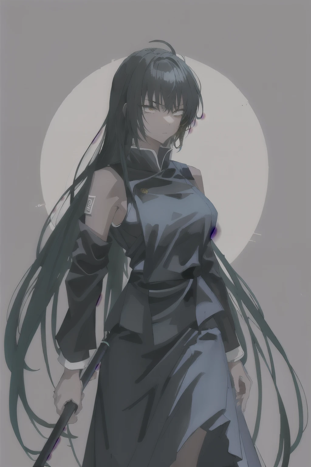 1 girl,master class,best qualityer, eyeballs_yellows, Karin_(JUJUTSU KAİSEN_'s uniform_Female One)_(cerulean_records), closed up_gura, far away_sleeveless, blackw_overskirt ,very dark skin, pretty long hair, standing