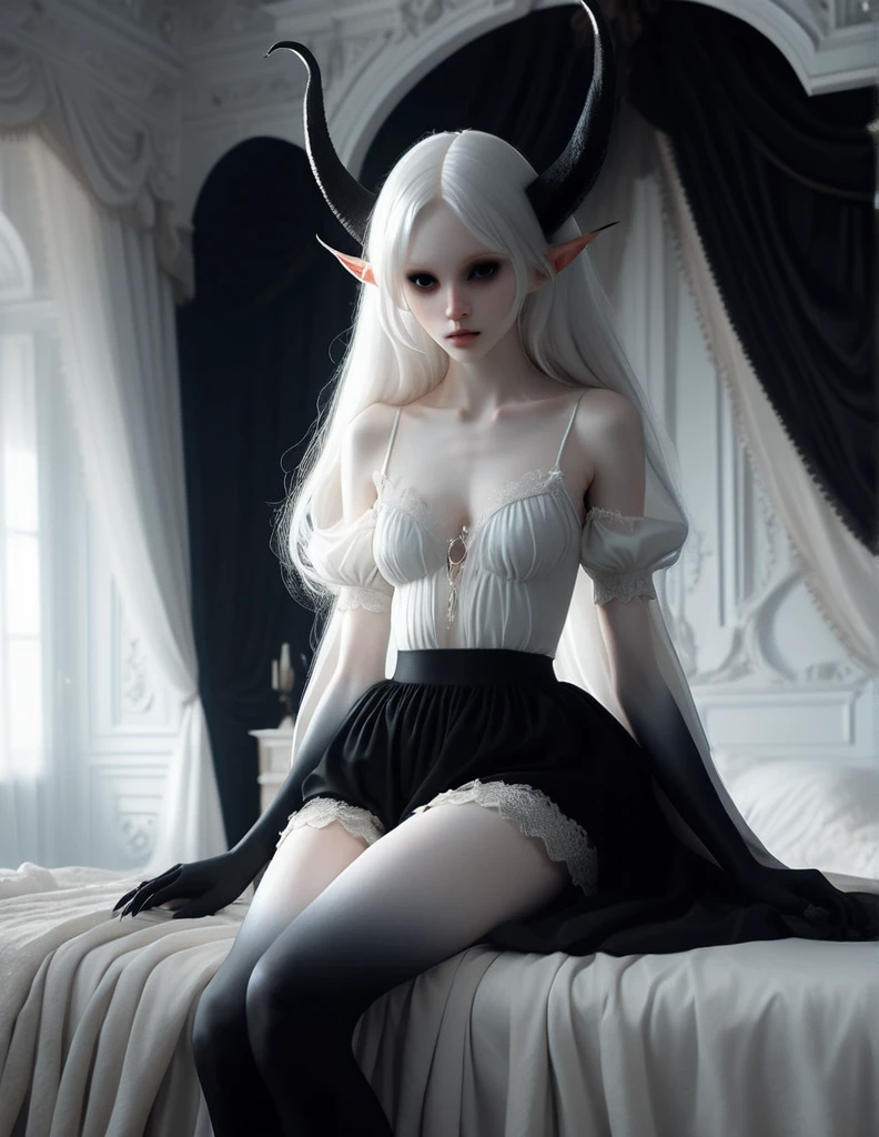 pale skin demon girl, wearing white top and black a-line skirt, in bedroom with evil seductive vibe , ( black gradient arms and legs:1) , white hair , well lit a realistic baroque bedroom, white canopy over bed, white drapes, damask patterns, intricate details, in the style of Vittorio Matteo Corcos, intricate detail