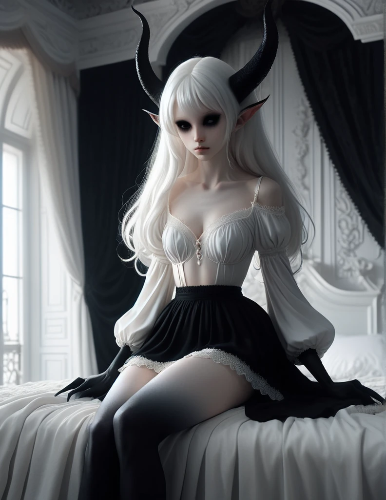 pale skin demon girl, wearing white top and black a-line skirt, in bedroom with evil seductive vibe , ( black gradient arms and legs:1) , white hair , well lit a realistic baroque bedroom, white canopy over bed, white drapes, damask patterns, intricate details, in the style of Vittorio Matteo Corcos, intricate detail