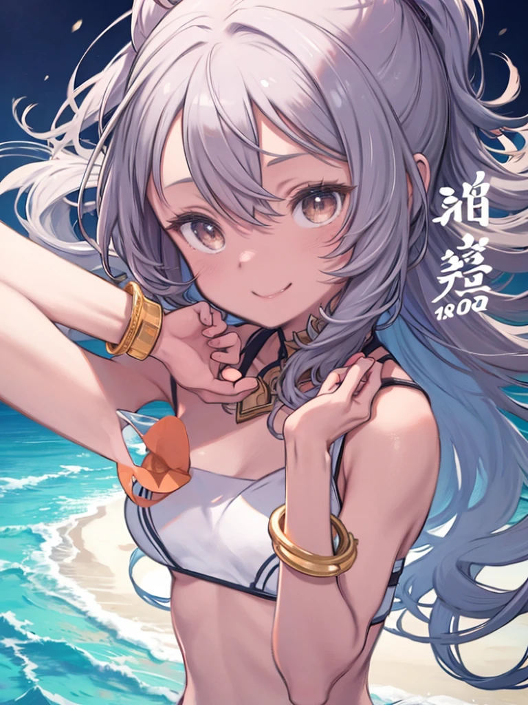 1 Girl、Shortcuts、Gray Hair、She is 、Brown Skin、Wearing a white bikini、Beautiful brown eyes、Lean and muscular body、barefoot、Colorful Bracelets、Colorful anklets、Laugh brightly、Dance cheerfully、Upper body close-up