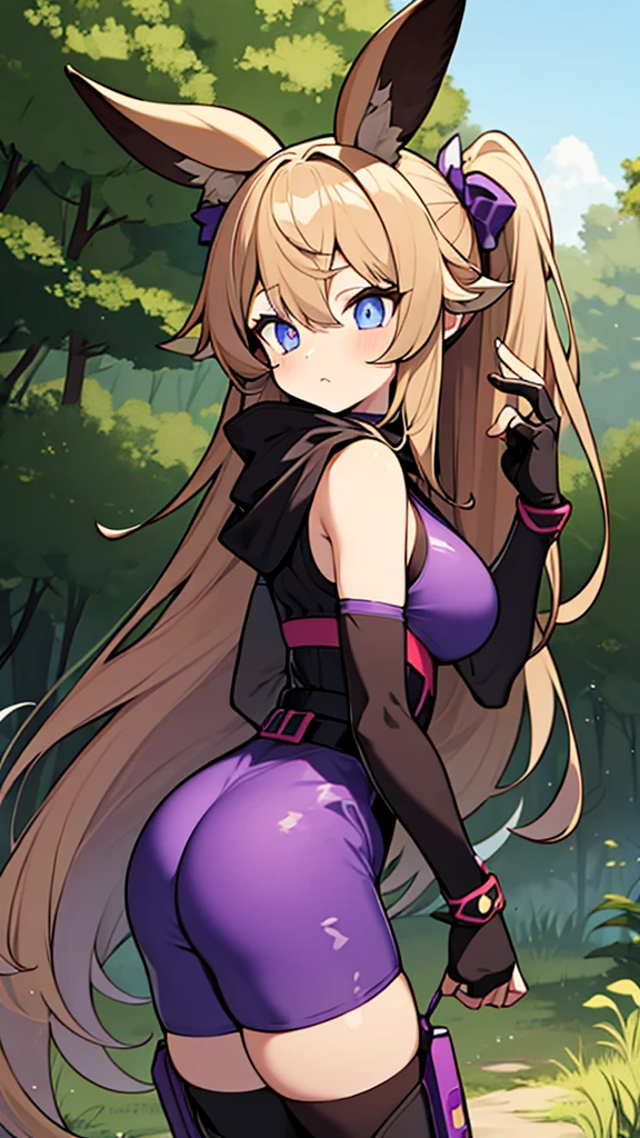 1goat girl, goat ears, golden horns, brown hair, one long ponytail, perfect eyes, blue eyes, curious face, warrior clothing, purple and black jumpsuit, purple fingerless gloves, black and purple boots, gun in the hand, big breasts, big ass, forest background