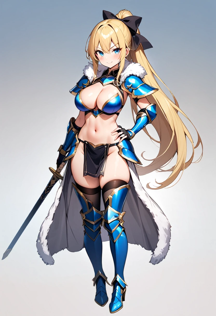 masterpiece, best quality, 1girl, breasts, solo, blonde-hair, blue-eyes, pelvic-curtain, navel, armor, large-breasts, ponytail, cape, cleavage, gloves, weapon, looking-at-viewer, smile, boots, fingerless-gloves, full-body, very-long-hair, standing, revealing-clothes, bikini-armor, black-gloves, fur-trim, simple-background, thighhighs, stomach, hand-on-hip, gauntlets, shoulder-armor, hair-bow, closed-mouth, bow, high-heels, midriff, armored-boots, hand-up, thigh-boots, thighs, ribbon, hair-between-eyes, v-shaped-eyebrows, blush, hair-ribbon, sheath