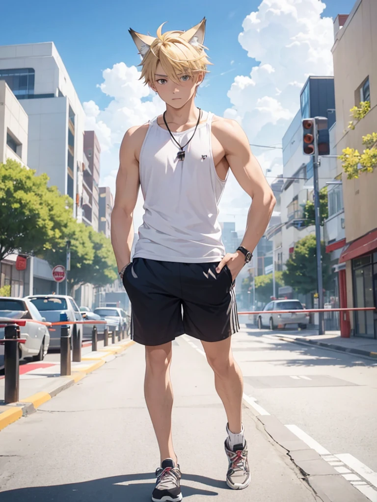  man with blonde hair tail and wolf ears walking with shorts and no shirt