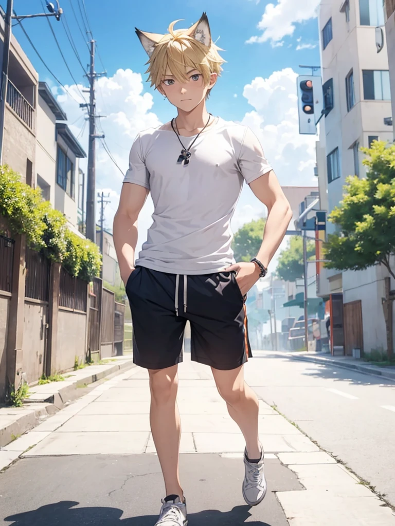 16 year old man with blonde hair tail and wolf ears walking with shorts and no shirt