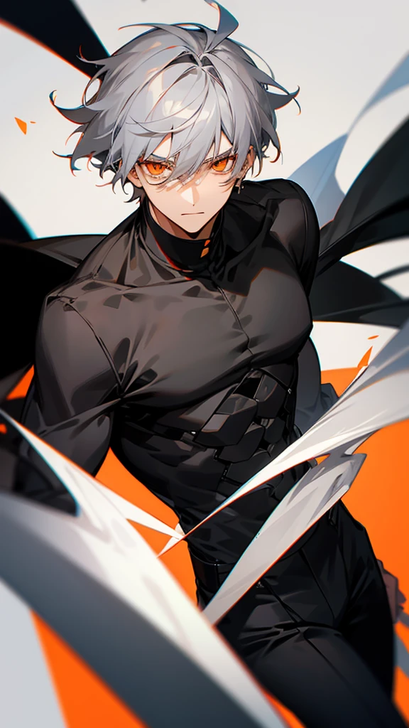 Male character with gray hair and orange eyes and black clothes