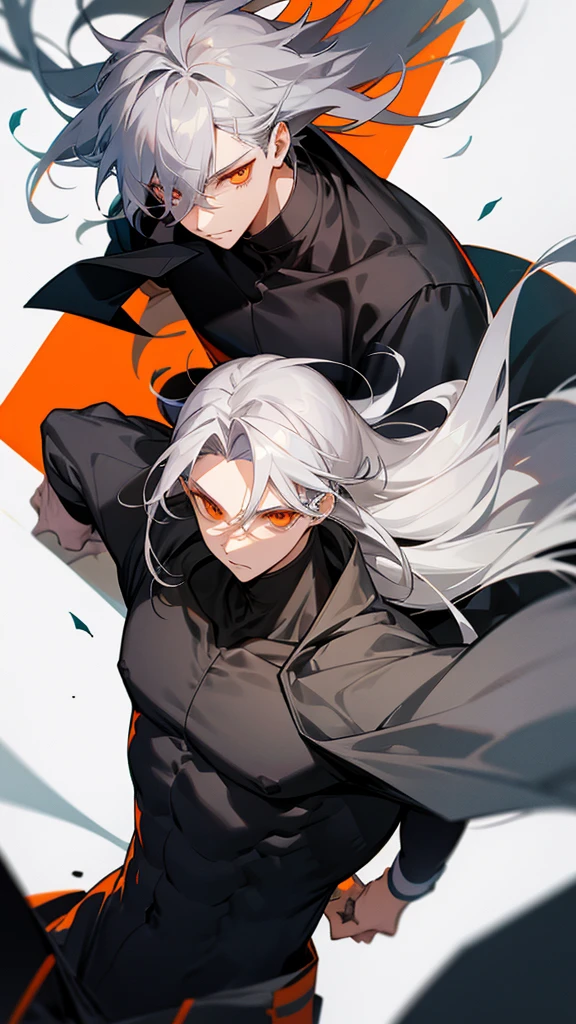 Male character with gray hair and orange eyes and black clothes 