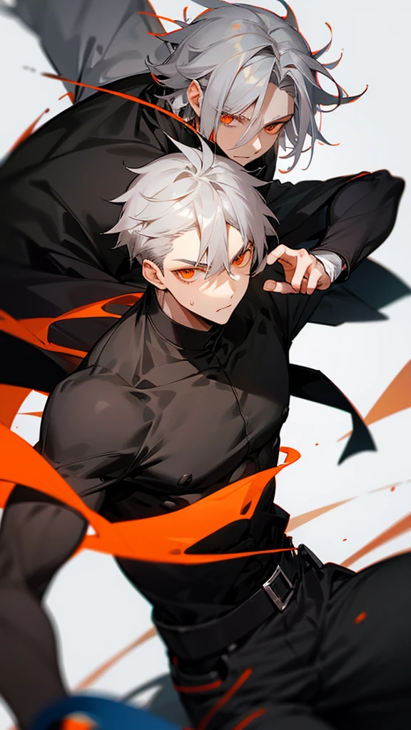 Male character with gray hair and orange eyes and black clothes 